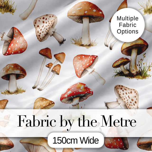 Watercolor Forest Mushrooms Toadstools Seamless Pattern Light Grey Background Digital Print Fabric by the Metre UK Sewing Quilting Textile