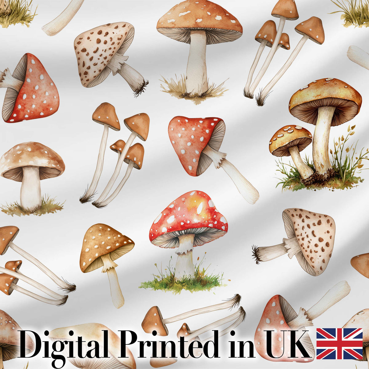 Watercolor Forest Mushrooms Toadstools Seamless Pattern Light Grey Background Digital Print Fabric by the Metre UK Sewing Quilting Textile