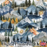 Watercolor Mountain Landscape Pine Trees Seamless Pattern White Background Digital Print Fabric by the Metre UK Sewing Quilting Textile