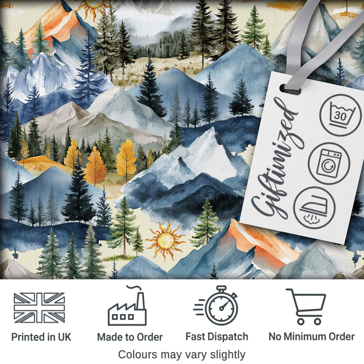 Watercolor Mountain Landscape Pine Trees Seamless Pattern Warm Beige Background Digital Print Fabric by the Metre UK Sewing Quilting Textile