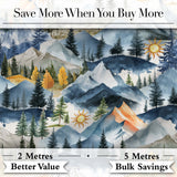 Watercolor Mountain Landscape Pine Trees Seamless Pattern Light Grey Background Digital Print Fabric by the Metre UK Sewing Quilting Textile