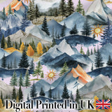 Watercolor Mountain Forest Landscape Sunset Seamless Pattern Beige Background Digital Print Fabric by the Metre UK Sewing Quilting Textile
