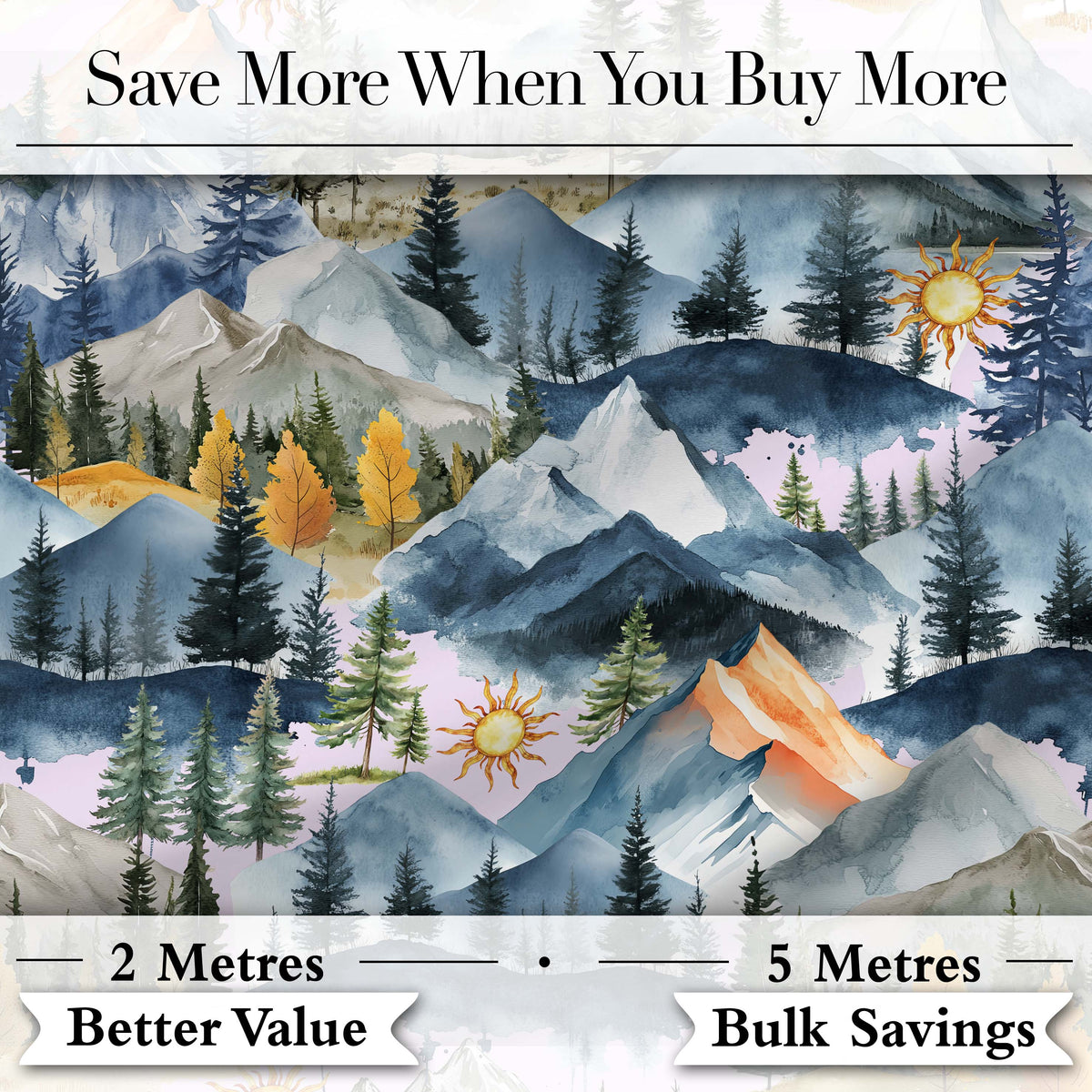 Watercolor Mountain Forest Landscape Sunset Seamless Pattern Beige Background Digital Print Fabric by the Metre UK Sewing Quilting Textile