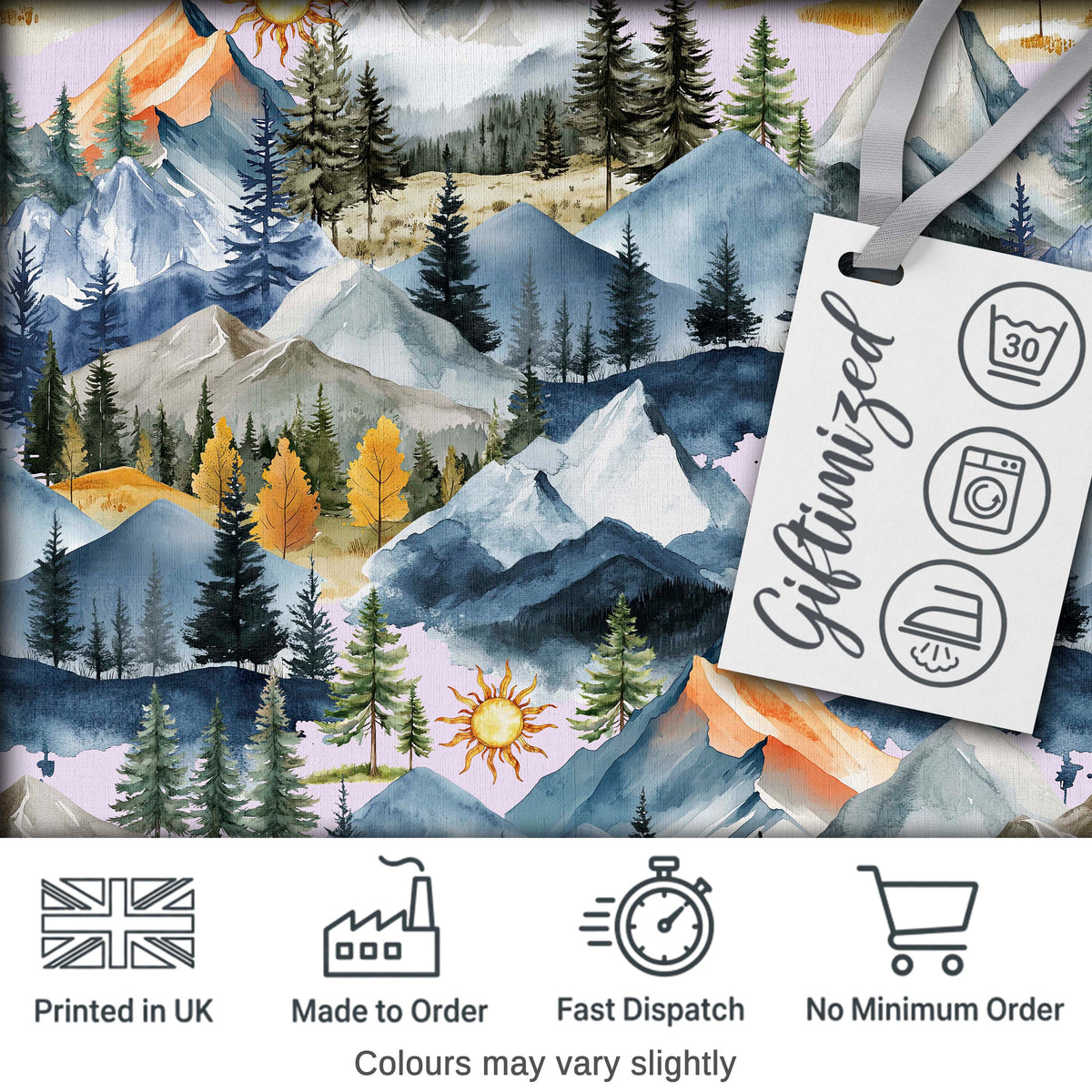 Watercolor Mountain Forest Landscape Sunset Seamless Pattern Beige Background Digital Print Fabric by the Metre UK Sewing Quilting Textile