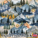 Watercolor Mountain Forest Landscape Sunset Seamless Pattern Light Grey  Digital Print Fabric by the Metre UK Sewing Quilting Textile