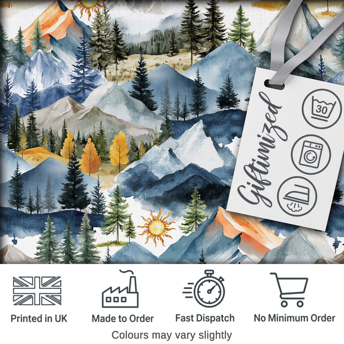 Watercolor Mountain Forest Landscape Sunset Seamless Pattern Cream Background Digital Print Fabric by the Metre UK Sewing Quilting Textile