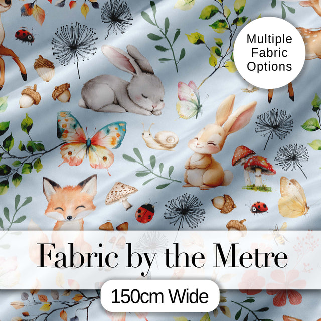 Cute Woodland Animals Rabbit Fox Butterfly Seamless Pattern Blue Background Digital Print Fabric by the Metre UK Sewing Quilting Textile