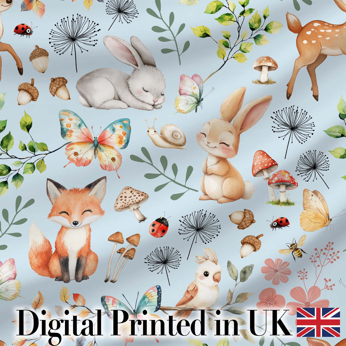 Cute Woodland Animals Rabbit Fox Butterfly Seamless Pattern Blue Background Digital Print Fabric by the Metre UK Sewing Quilting Textile