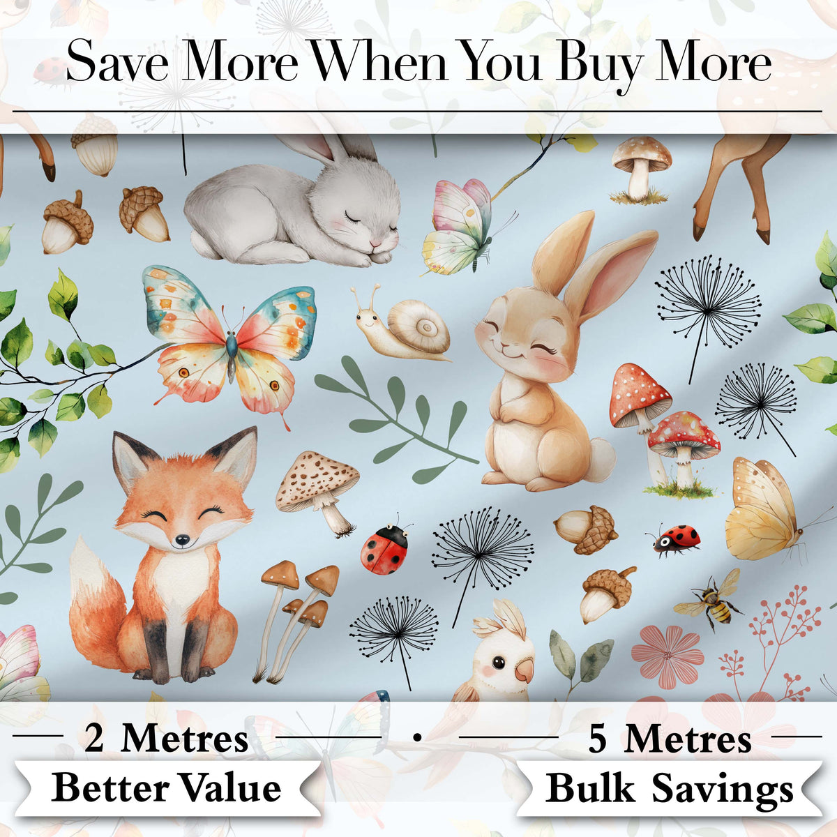 Cute Woodland Animals Rabbit Fox Butterfly Seamless Pattern Blue Background Digital Print Fabric by the Metre UK Sewing Quilting Textile