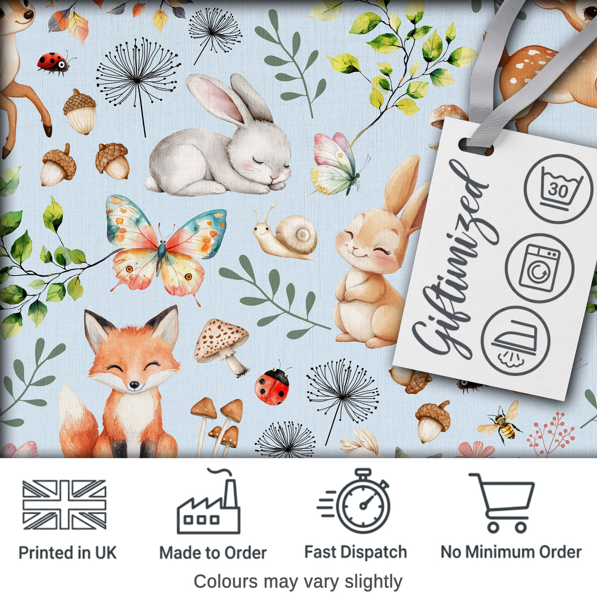 Cute Woodland Animals Rabbit Fox Butterfly Seamless Pattern Blue Background Digital Print Fabric by the Metre UK Sewing Quilting Textile