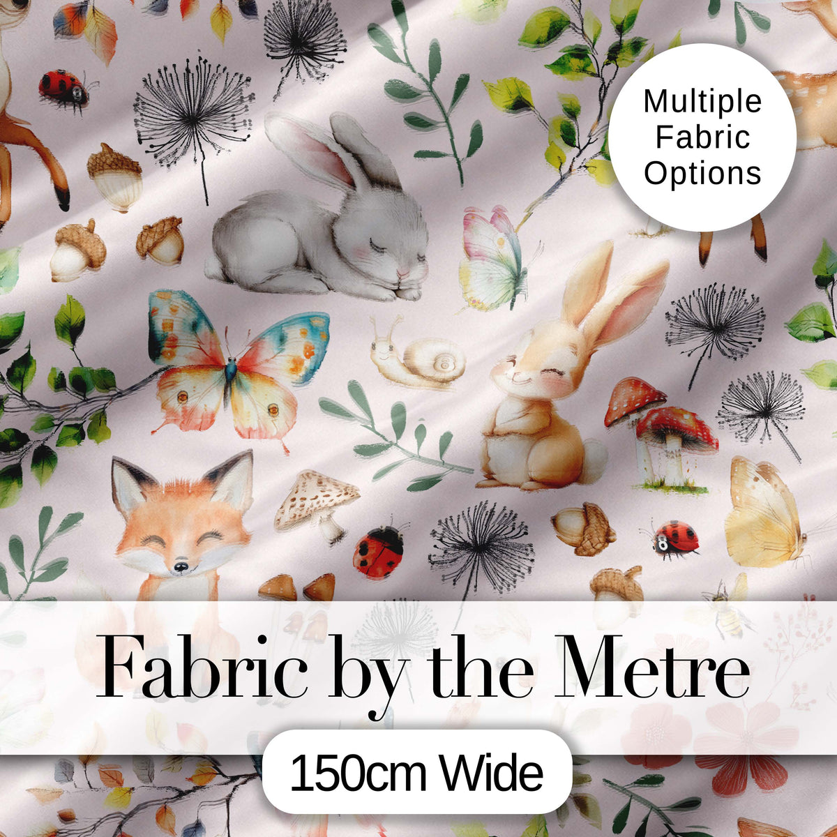 Woodland Animals Rabbit Fox Butterfly Seamless Pattern Blush Pink  Digital Print Fabric by the Metre UK Sewing Quilting Textile