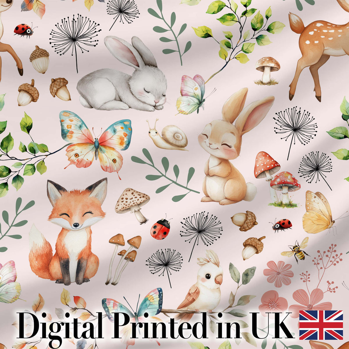 Woodland Animals Rabbit Fox Butterfly Seamless Pattern Blush Pink  Digital Print Fabric by the Metre UK Sewing Quilting Textile