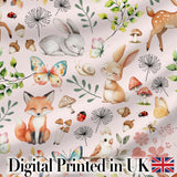 Woodland Animals Rabbit Fox Butterfly Seamless Pattern Blush Pink  Digital Print Fabric by the Metre UK Sewing Quilting Textile