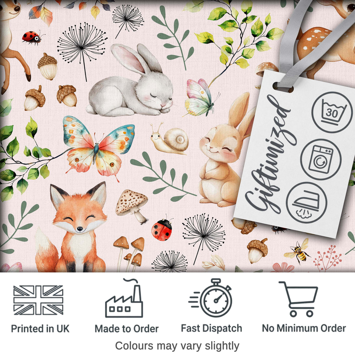 Woodland Animals Rabbit Fox Butterfly Seamless Pattern Blush Pink  Digital Print Fabric by the Metre UK Sewing Quilting Textile