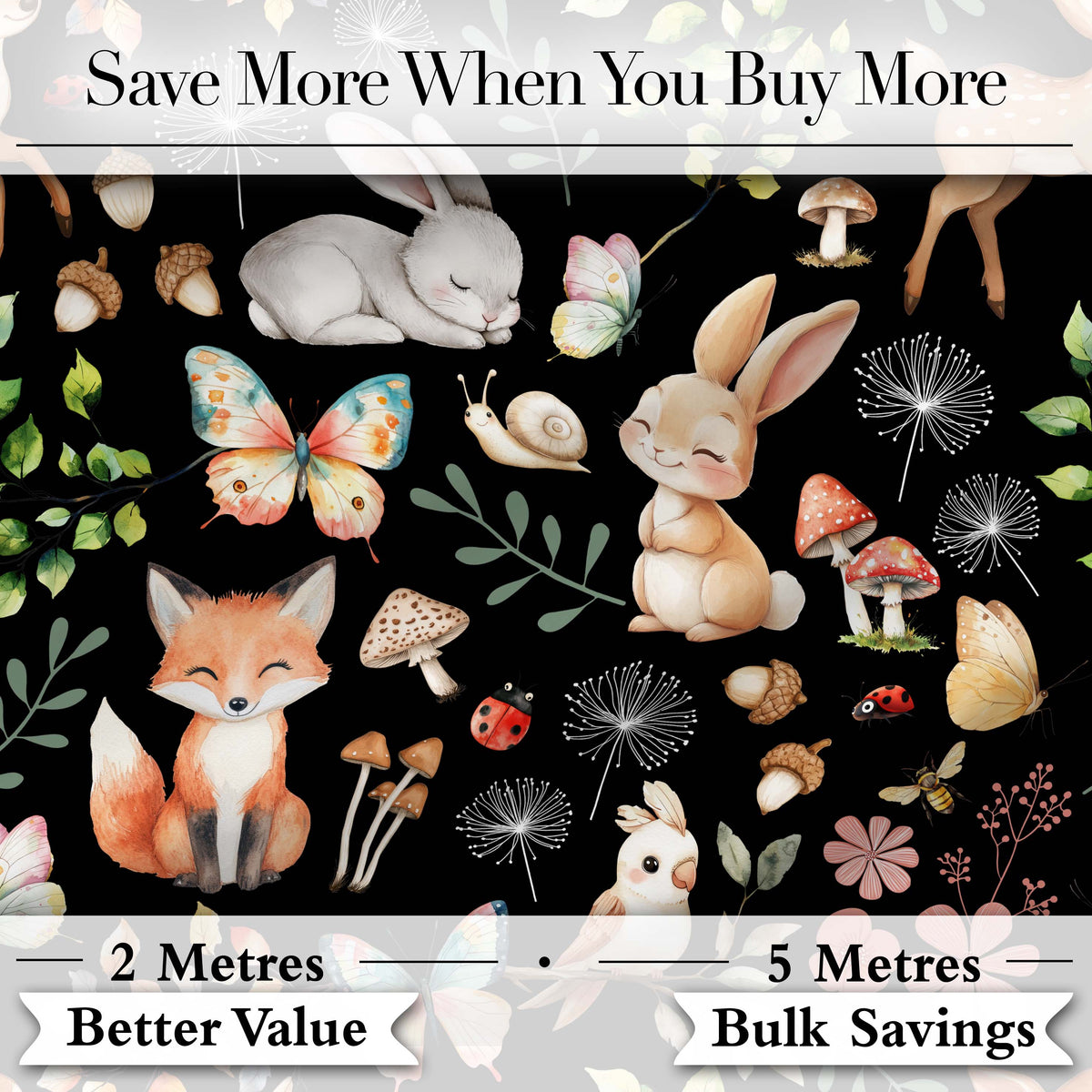 Cute Woodland Animals Rabbit Fox Butterfly Seamless Pattern Black Background Digital Print Fabric by the Metre UK Sewing Quilting Textile
