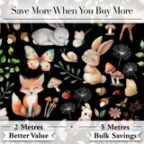 Cute Woodland Animals Rabbit Fox Butterfly Seamless Pattern Black Background Digital Print Fabric by the Metre UK Sewing Quilting Textile