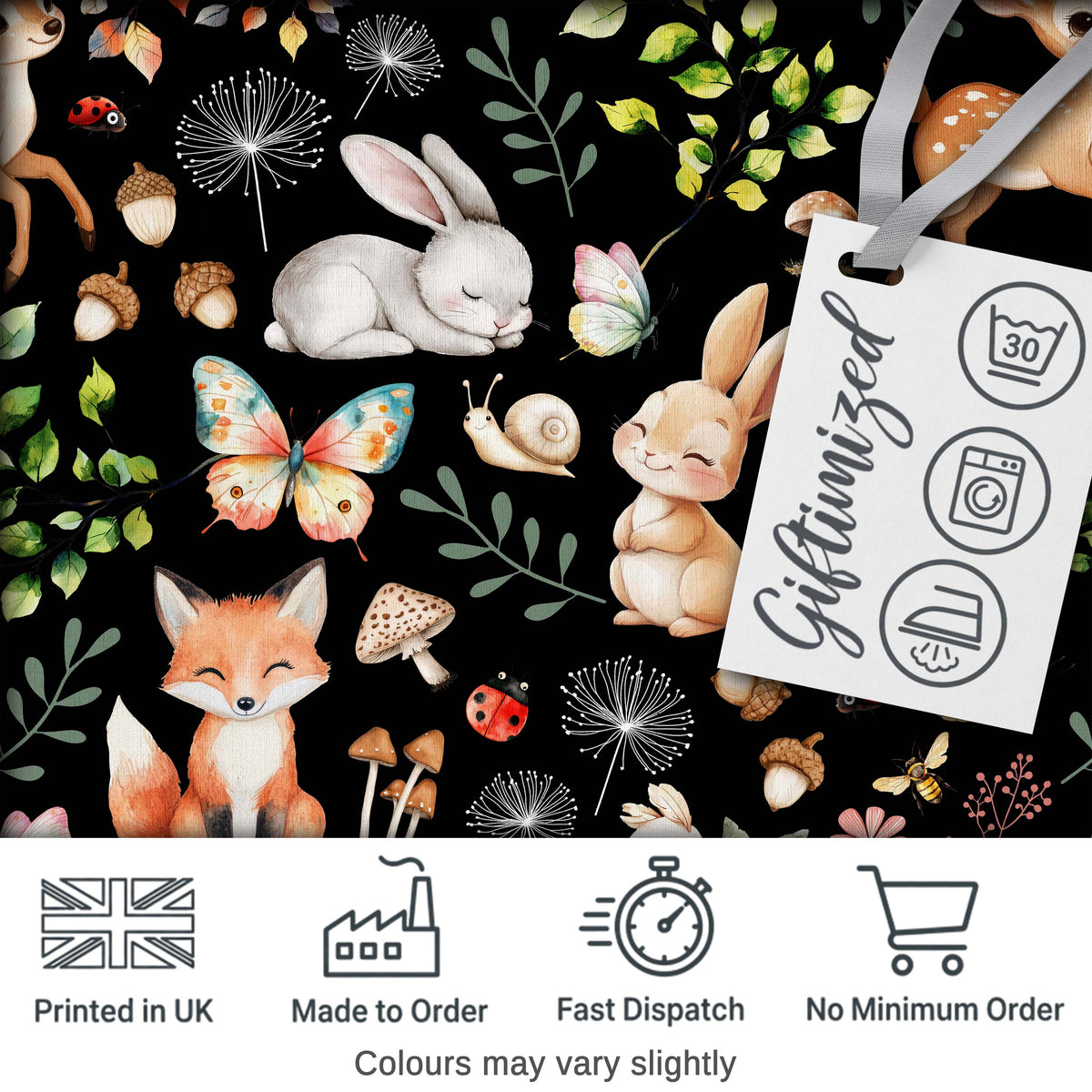 Cute Woodland Animals Rabbit Fox Butterfly Seamless Pattern Black Background Digital Print Fabric by the Metre UK Sewing Quilting Textile