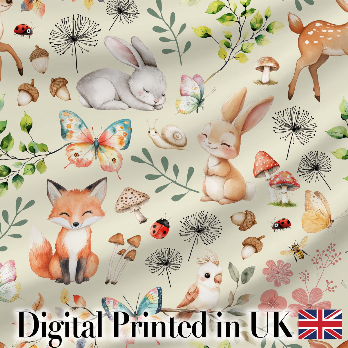 Woodland Animals Rabbit Fox Butterfly Seamless Pattern Sage Green  Digital Print Fabric by the Metre UK Sewing Quilting Textile