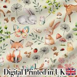 Woodland Animals Rabbit Fox Butterfly Seamless Pattern Sage Green  Digital Print Fabric by the Metre UK Sewing Quilting Textile