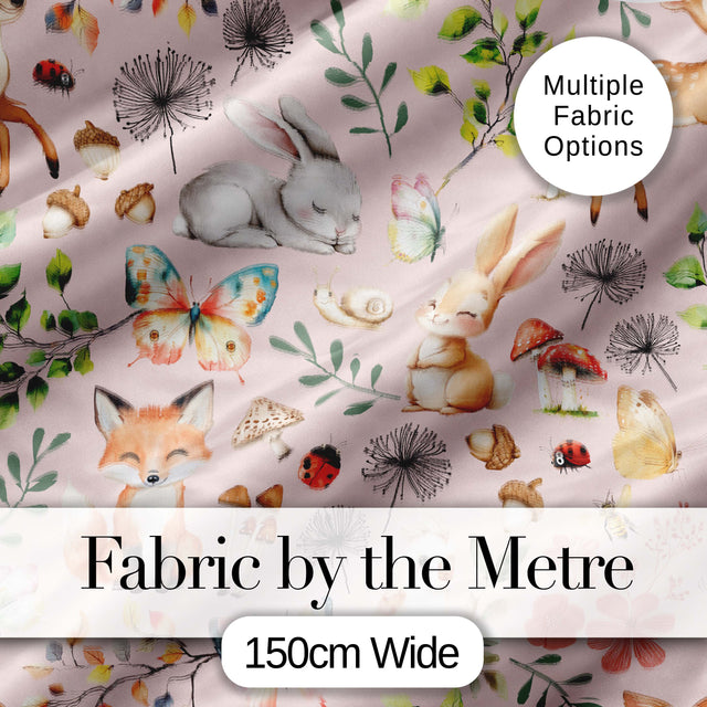 Cute Woodland Animals Rabbit Fox Butterfly Seamless Pattern Blush Background Digital Print Fabric by the Metre UK Sewing Quilting Textile