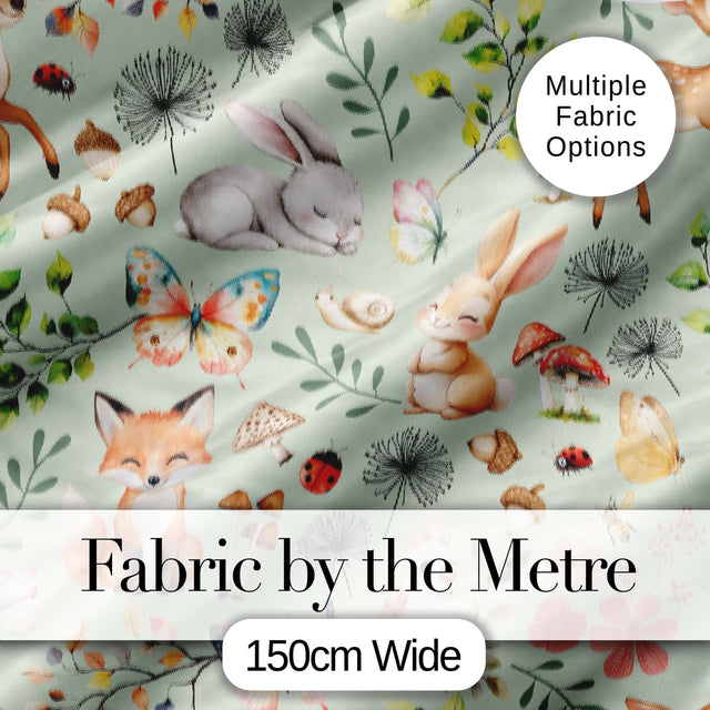 Cute Woodland Animals Rabbit Fox Butterfly Seamless Pattern Sage Background Digital Print Fabric by the Metre UK Sewing Quilting Textile
