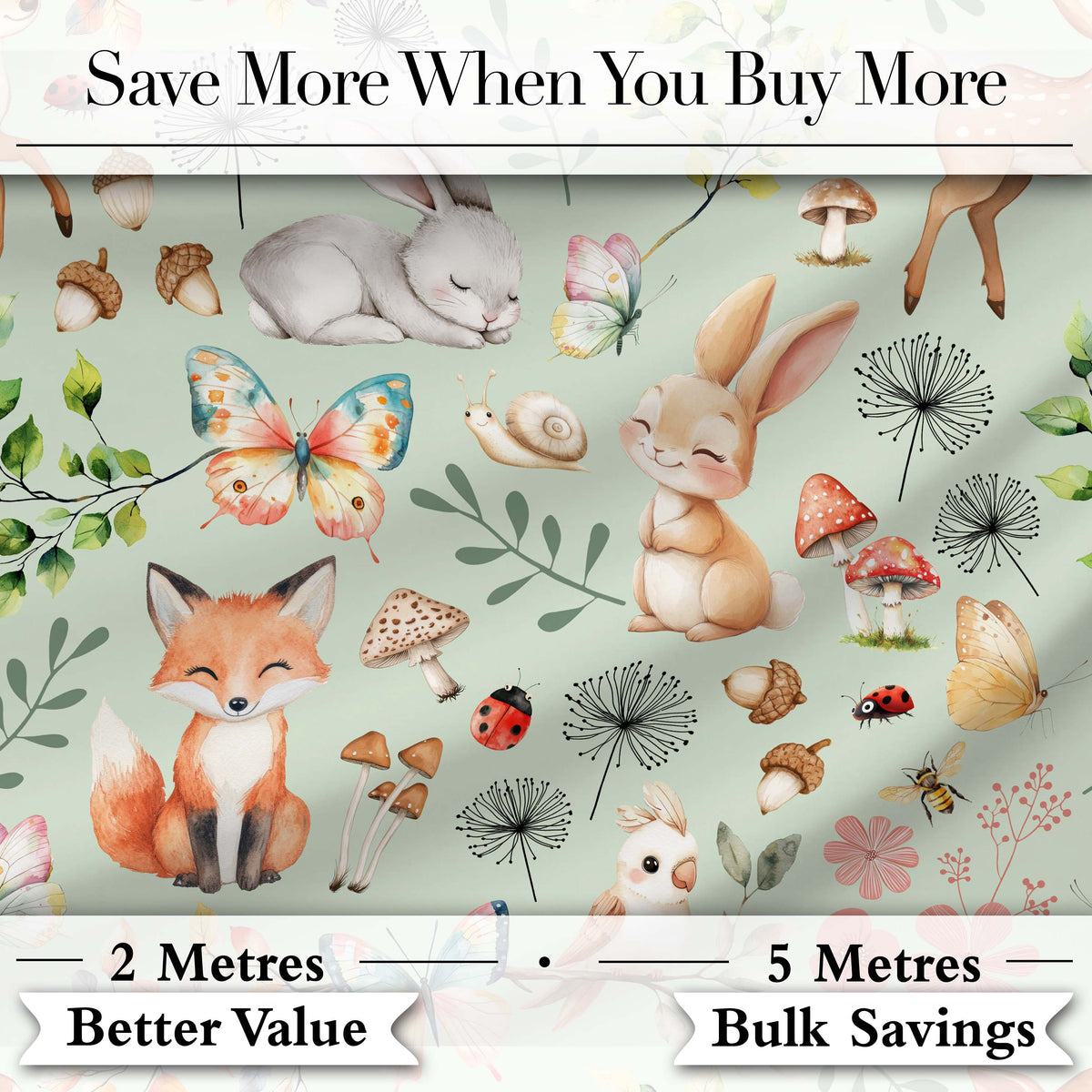 Cute Woodland Animals Rabbit Fox Butterfly Seamless Pattern Sage Background Digital Print Fabric by the Metre UK Sewing Quilting Textile