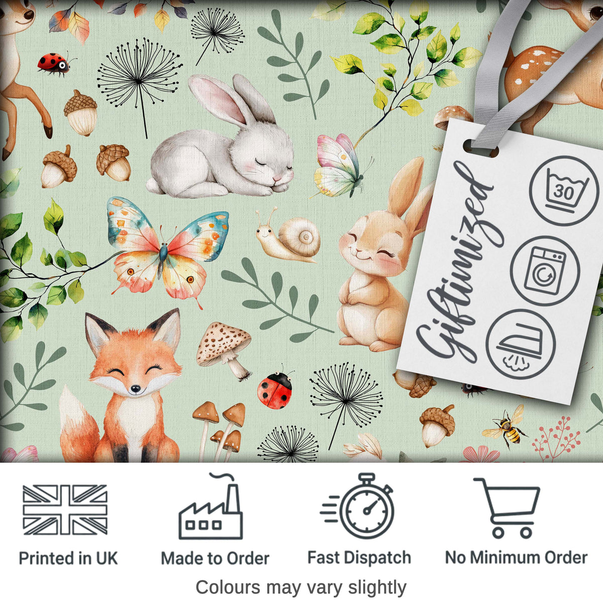 Cute Woodland Animals Rabbit Fox Butterfly Seamless Pattern Sage Background Digital Print Fabric by the Metre UK Sewing Quilting Textile