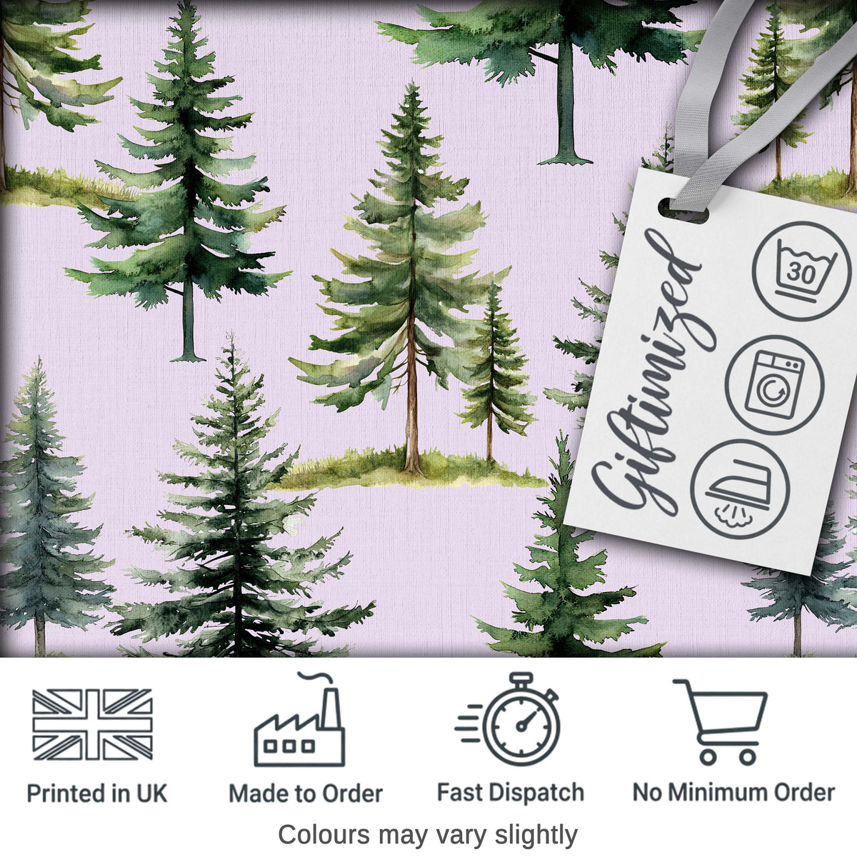 Watercolor Pine Tree Forest Seamless Pattern Lavendar Background Digital Print Fabric by the Metre UK Sewing Quilting Textile