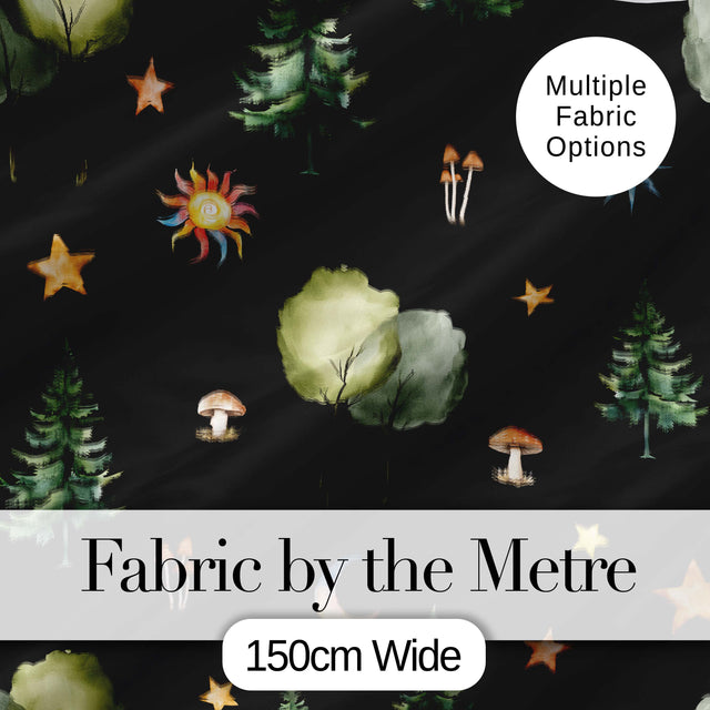 Watercolor Forest Trees Mushrooms Sun Moon Stars Seamless Pattern Dark  Digital Print Fabric by the Metre UK Sewing Quilting Textile