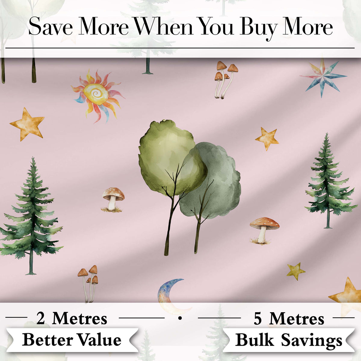 Watercolor Forest Trees Mushrooms Sun Moon Stars Seamless Pattern Blush  Digital Print Fabric by the Metre UK Sewing Quilting Textile
