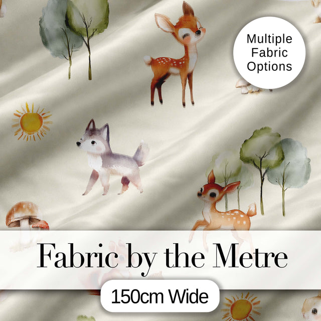 Woodland Deer Fox Squirrel Mushroom Forest Seamless Pattern Cream  Digital Print Fabric by the Metre UK Sewing Quilting Textile