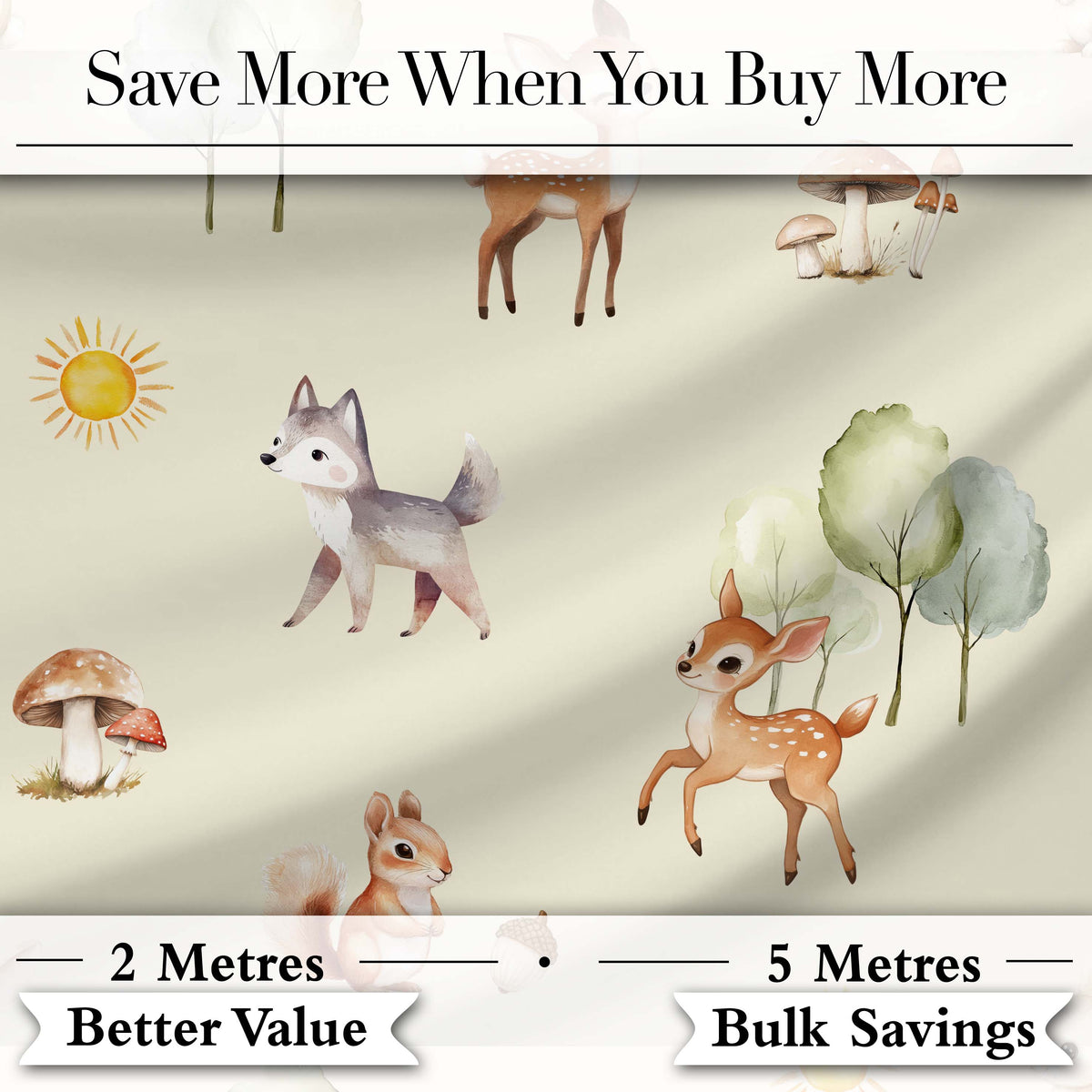 Woodland Deer Fox Squirrel Mushroom Forest Seamless Pattern Cream  Digital Print Fabric by the Metre UK Sewing Quilting Textile