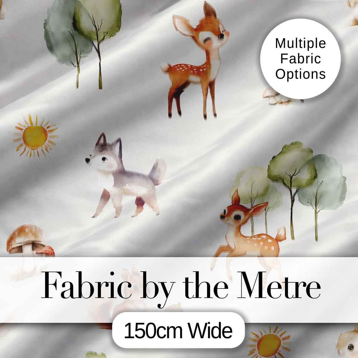 Woodland Deer Fox Squirrel Mushroom Forest Seamless Pattern Light Grey  Digital Print Fabric by the Metre UK Sewing Quilting Textile