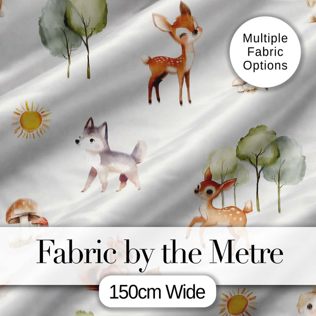 Woodland Deer Fox Squirrel Mushroom Forest Seamless Pattern Light Grey  Digital Print Fabric by the Metre UK Sewing Quilting Textile