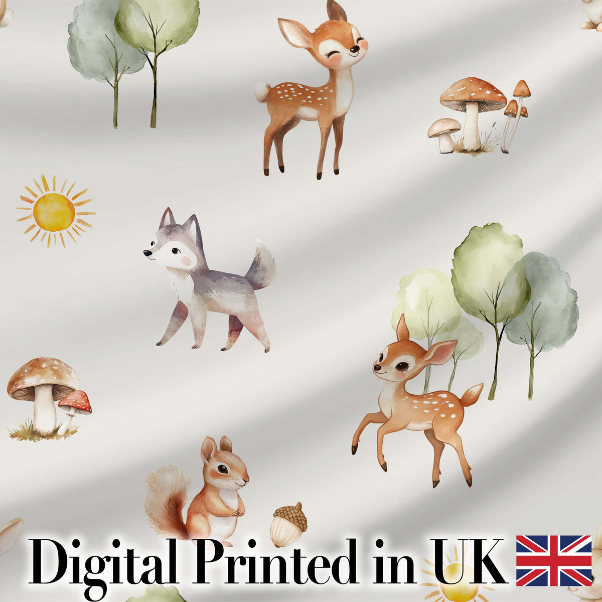 Woodland Deer Fox Squirrel Mushroom Forest Seamless Pattern Light Grey  Digital Print Fabric by the Metre UK Sewing Quilting Textile
