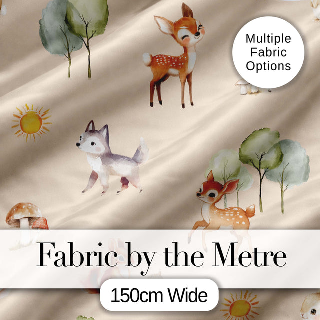 Woodland Deer Fox Squirrel Mushroom Forest Seamless Pattern Beige  Digital Print Fabric by the Metre UK Sewing Quilting Textile