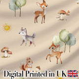 Woodland Deer Fox Squirrel Mushroom Forest Seamless Pattern Beige  Digital Print Fabric by the Metre UK Sewing Quilting Textile