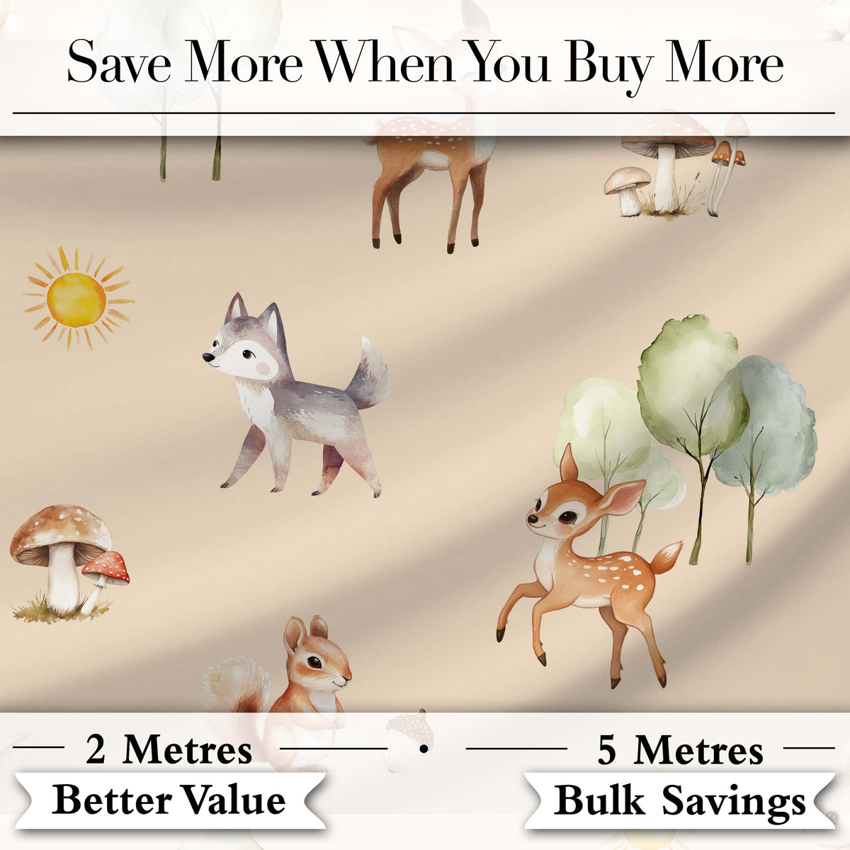Woodland Deer Fox Squirrel Mushroom Forest Seamless Pattern Beige  Digital Print Fabric by the Metre UK Sewing Quilting Textile