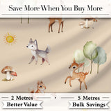 Woodland Deer Fox Squirrel Mushroom Forest Seamless Pattern Beige  Digital Print Fabric by the Metre UK Sewing Quilting Textile