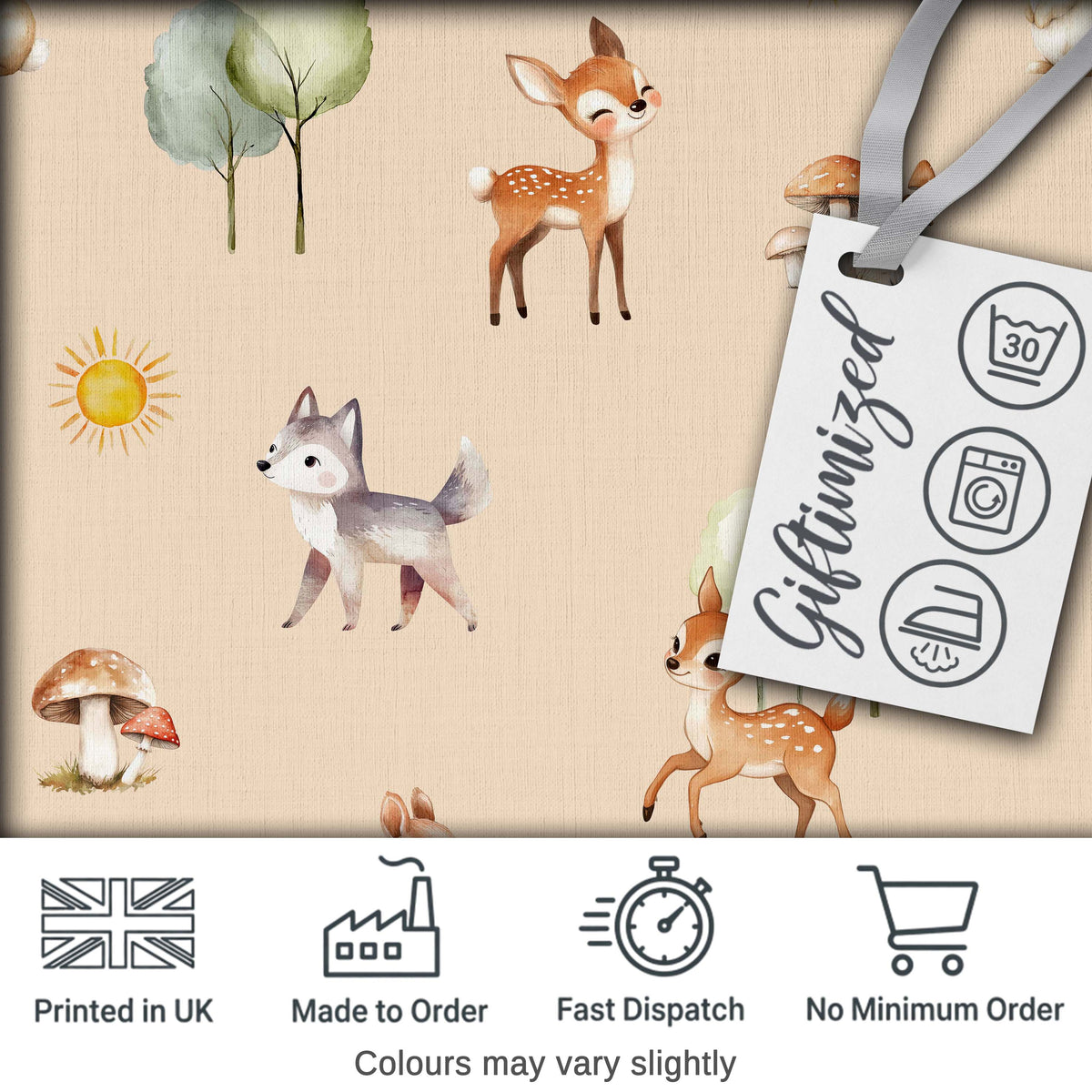 Woodland Deer Fox Squirrel Mushroom Forest Seamless Pattern Beige  Digital Print Fabric by the Metre UK Sewing Quilting Textile