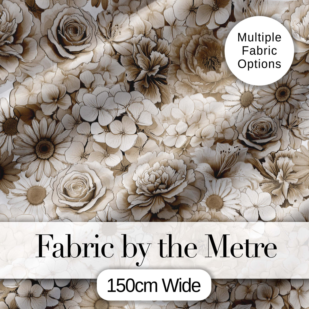 Elegant Vintage Floral Roses Peonies Daisy Seamless Pattern Neutral Beige  Digital Print Fabric by the Metre UK Sewing Quilting Textile