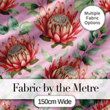 Tropical Protea Flowers Green Leaves Seamless Pattern Pink Background Digital Print Fabric by the Metre UK Sewing Quilting Textile