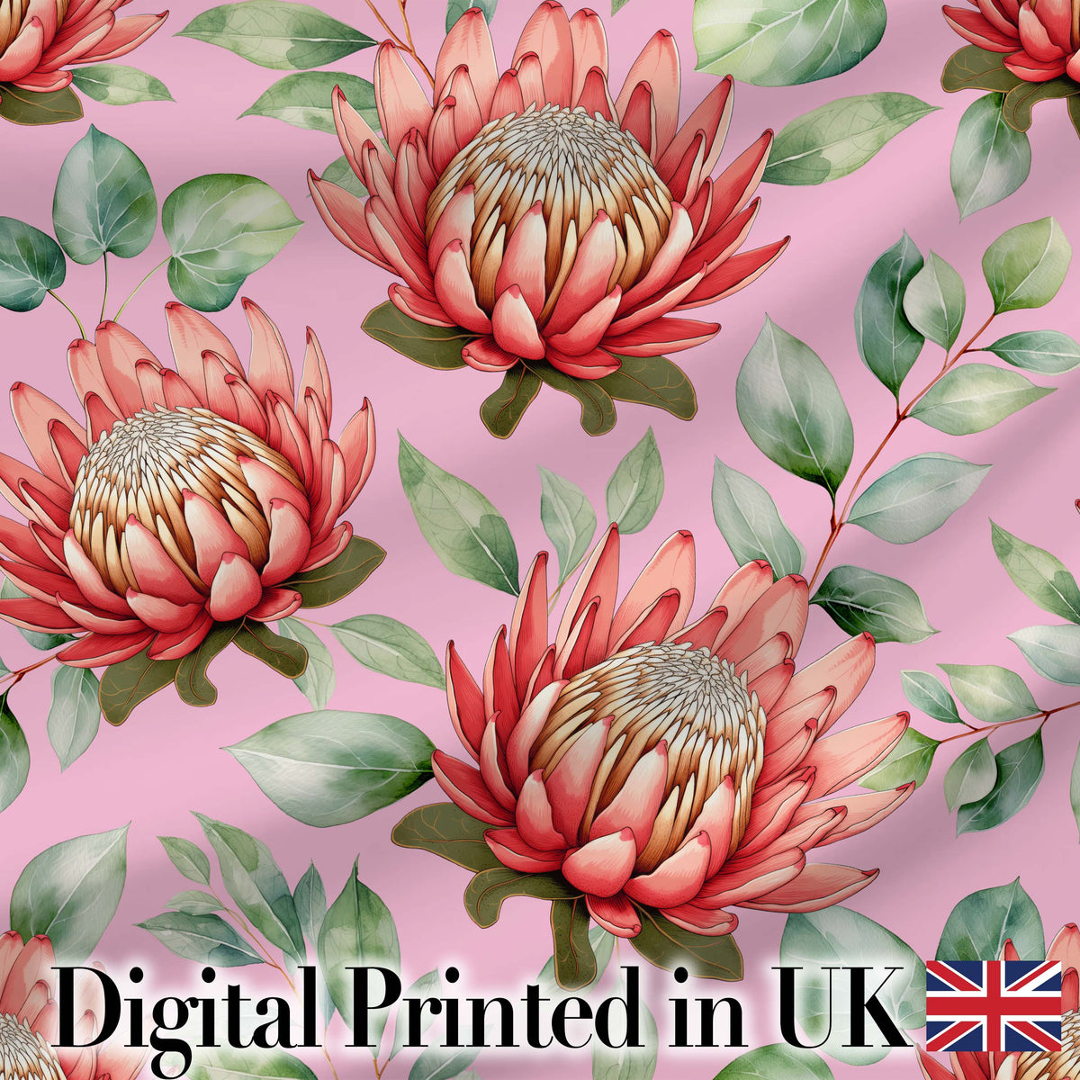 Tropical Protea Flowers Green Leaves Seamless Pattern Pink Background Digital Print Fabric by the Metre UK Sewing Quilting Textile