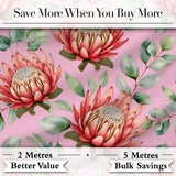 Tropical Protea Flowers Green Leaves Seamless Pattern Pink Background Digital Print Fabric by the Metre UK Sewing Quilting Textile