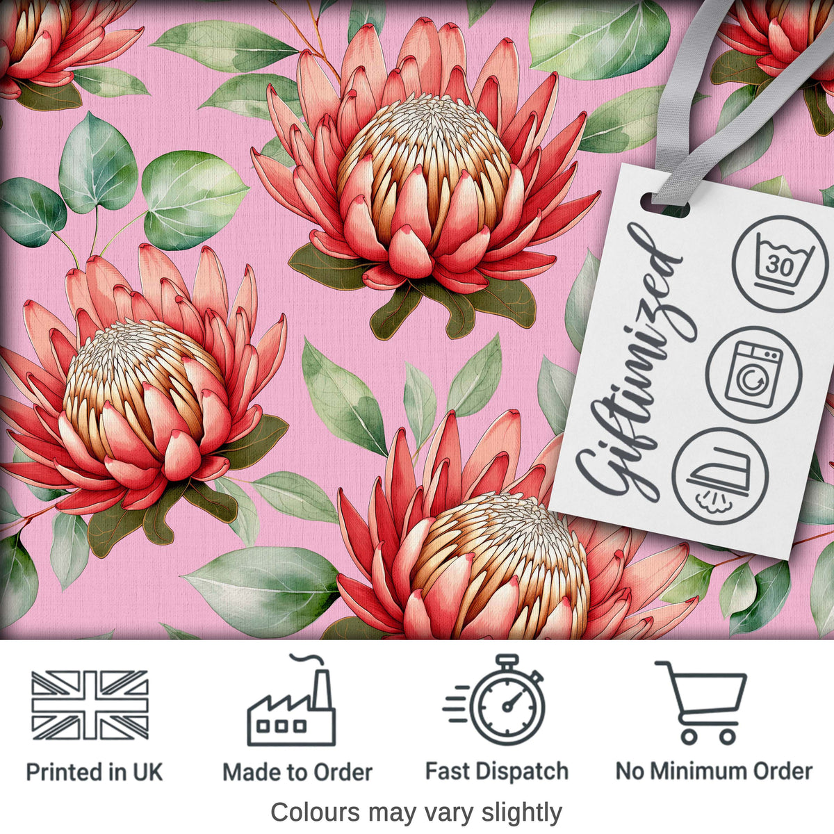 Tropical Protea Flowers Green Leaves Seamless Pattern Pink Background Digital Print Fabric by the Metre UK Sewing Quilting Textile