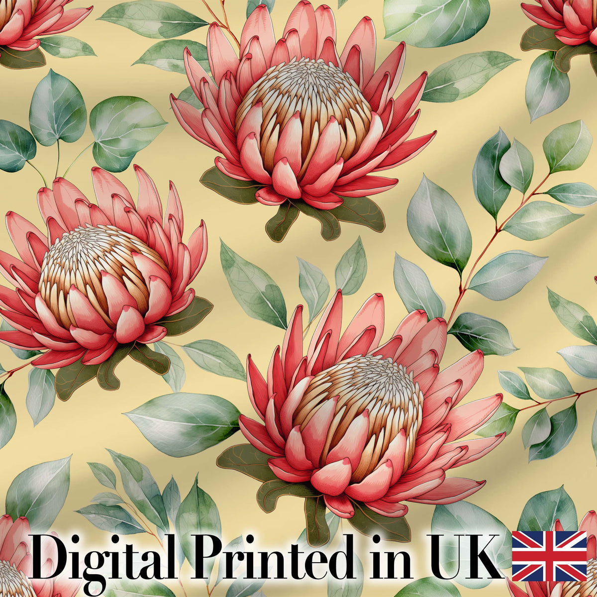 Tropical Protea Flowers Green Leaves Seamless Pattern Yellow Background Digital Print Fabric by the Metre UK Sewing Quilting Textile