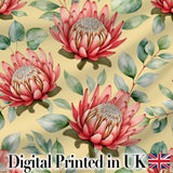 Tropical Protea Flowers Green Leaves Seamless Pattern Yellow Background Digital Print Fabric by the Metre UK Sewing Quilting Textile