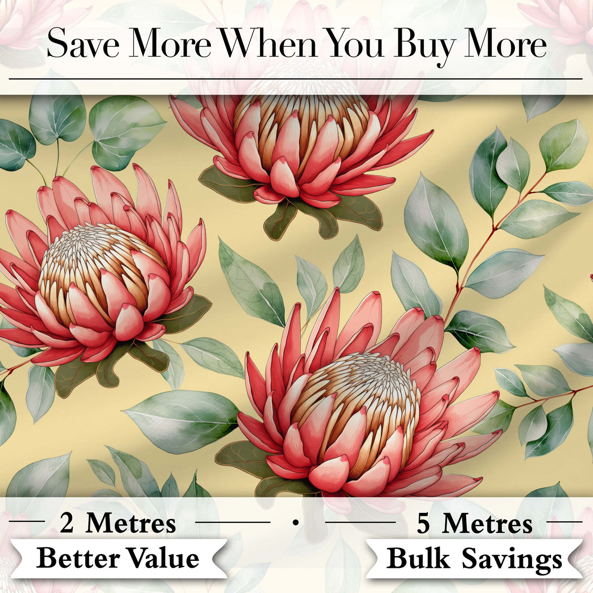 Tropical Protea Flowers Green Leaves Seamless Pattern Yellow Background Digital Print Fabric by the Metre UK Sewing Quilting Textile