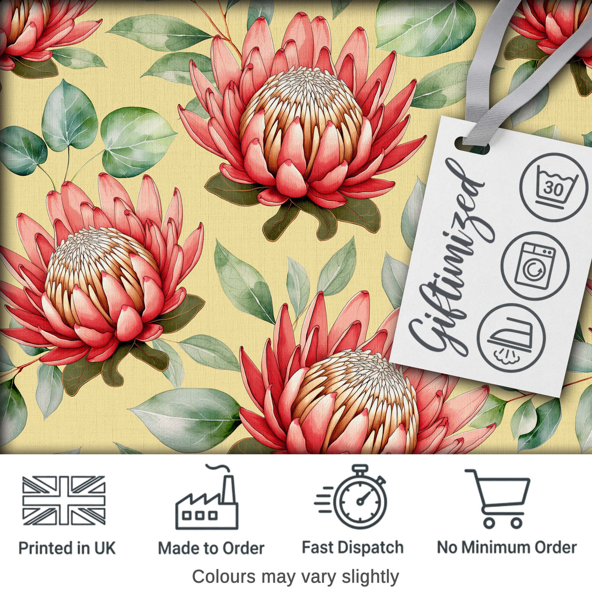 Tropical Protea Flowers Green Leaves Seamless Pattern Yellow Background Digital Print Fabric by the Metre UK Sewing Quilting Textile