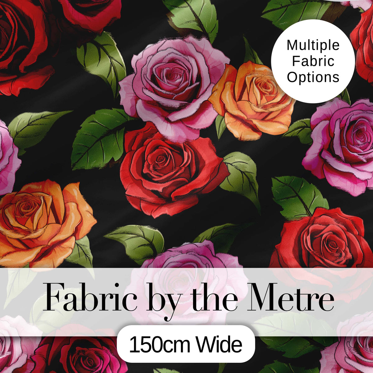 Bold Colorful Rose Flowers Seamless Pattern Black Background Digital Print Fabric by the Metre UK Sewing Quilting Textile
